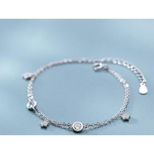 1PC Authentic REAL. 925 Sterling Silver Gold /WHITE Double Rows Star &Solitaire Round chain Bracelet GTLS888