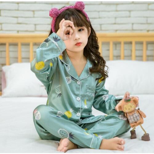 Spring Baby Boy Girls Silk Satin Pajamas Set Long Sleeve Solid Button-Down Pyjamas Satin Set Child Printed Sleepwear Nightwear