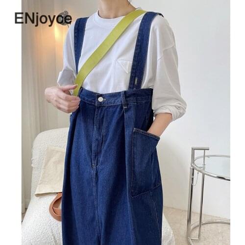 Vintage Blue Adjustable Strap Jeans Loose Jumpsuit Women Japan Style Casual Design Denim Cargo Playsuit Suspender Jump Suits