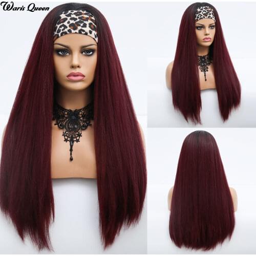 Womens Wine Red Long Afro Headband Heat Resistant Synthetic Wig For Black Women Natural Fake Hair With Band Headwraps Wigs