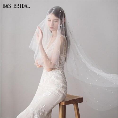 H&S Bridal Wedding Veils Pearls Cut Edge Veil with blusher Bridal Veil Long Veu de Noiva velos de novia