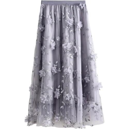 2020 Autumn New Women Fashion Flower Embroidery Mesh Simple Pure Color Skirt Casual Elastic Waist Women Long Skirt Free Shipping