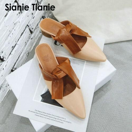 Sianie Tianie 2020 summer PU pointed toe med chunky heels woman sandals outdoor slides fashion slippers women mules size 34-48