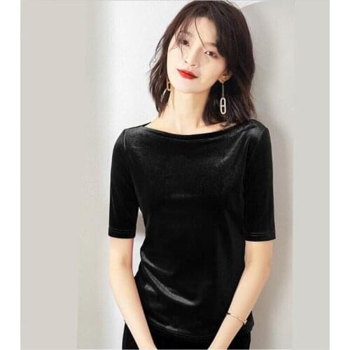 Women Summer Slash Neck Tops Solid Velvet Half Sleeves T-Shirts Office Lady Elegant Shirts Plus Size S-7XL Black Brown Blue
