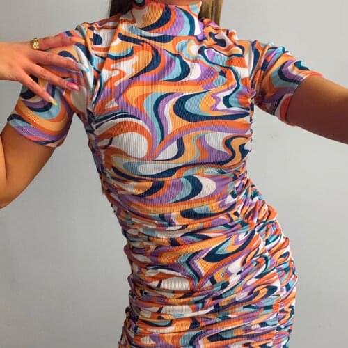 Print Bodycon Women Dress Short Sleeve Spring 2021 Fashion Skinny Clubwear Outfits Mini Dresses Basic Slim Female