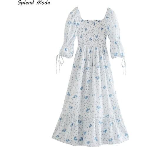 Splend Moda Prairie Chic Square Collar Puff Sleeve Drawstring Printed Dress 2021 Summer Women Sweet Elastic Waist Dress Vestido