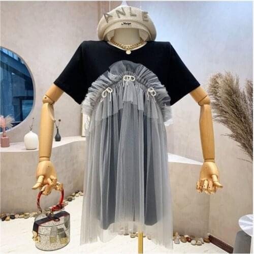2021 Summer Mesh Spliced Beading T-shirts Female Gauze Lace Tees Dress Bow Fake Two-piece Short-sleeved Crop Tops Streetwear
