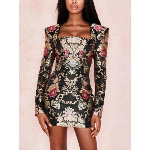 Celebrity Fashion Long Sleeve Square Neck Floral Mini Bodycon Party Dress Night Womens Dresses