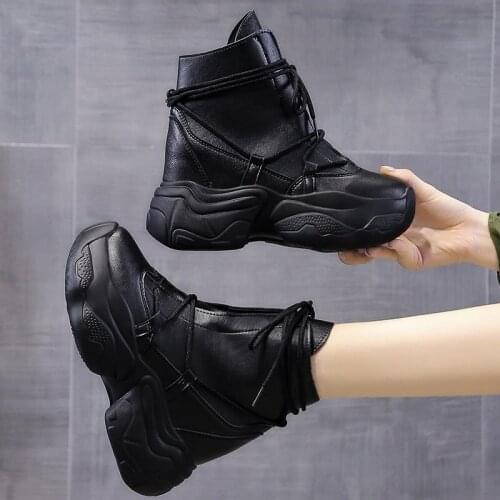 Winter Leather Boots Women Goth Chunky Shoes Sneaker Ankle Boots Wedges Round Toe Booties 9cm Heels Woman Outdoor Sport Booties