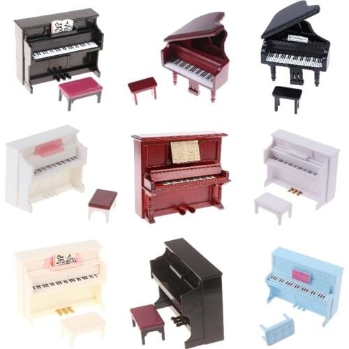 1/12 Dollhouse Mini Piano with Stool Musical Instrument Model for Doll House Accessories Decor Miniature Retro Piano Set