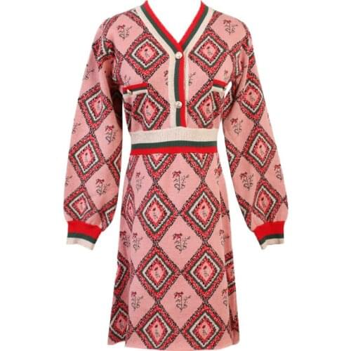 2020 High Quality Winter New Womens V-neck Retro Sweater Luxury Long Sleeve High Waist A-line Dress
