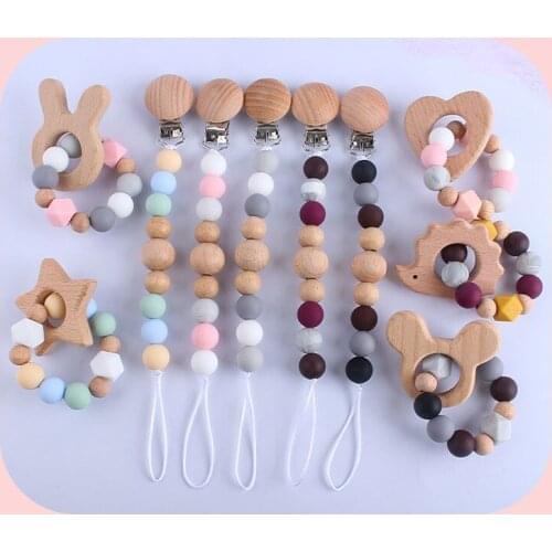 2021 Baby Pacifier Chain Teether Organic Wooden Animal Cartoon Natural Grip Toy Silicone Beads Newborn