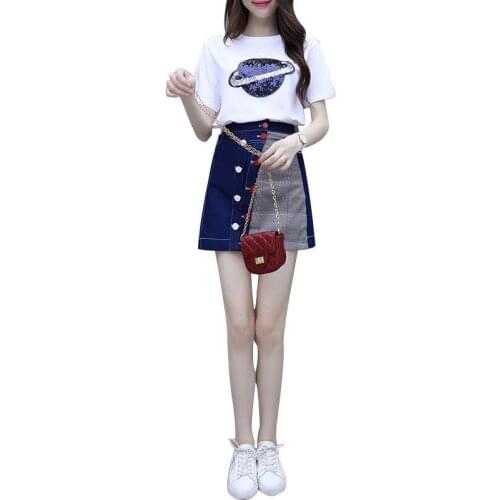 2021Women Two Piece Set Women Jeans Skirt Suit Ladies Summer Denim Skirt 2 Piece Set T-Shirt+Cowboy Skirts 2PCS Skirt Suit B855