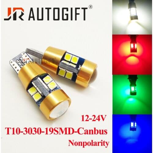 2xT10 LED W5W 194 168 3030 19SMD Canbus no error Nonpolarity 12-24V Red Auto Wedge Bulb License Plate Trunk Signal Parking Light