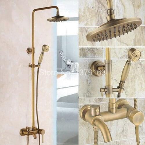 Antique Brass Wall Mounted Bathroom Rain & Hand Shower & Tub Faucet Set Single Lever Mixer Tap ars185