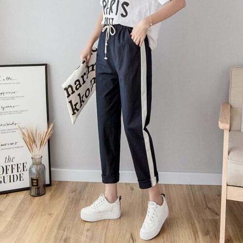 New Women Ankle Length Pants Cotton Linen Harem Pants Elastic Waist Spring Summer Trousers Casual Side Striped Pencil Pants
