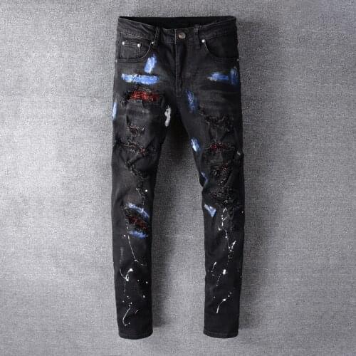 Streetwear Men Jeans High Quality Fashion Black Color Slim Fit Paint Designer Ripped Jeans Men Patchwork Hip Hop Jeans Homme