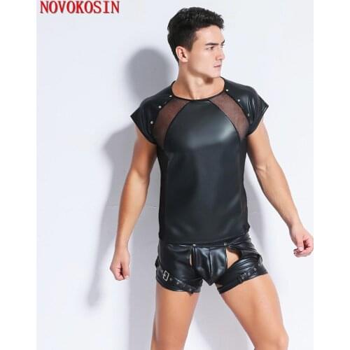 XX123 Summer Style 2018 Fashion Black Faux Leather Men Sexy Lingerie Fitness Tops Tight Tees Short Sleeves Front Tulle T Shirts