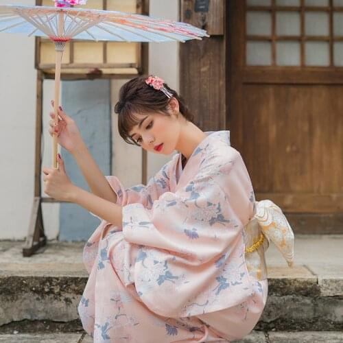 Womens Japan Kimono Pink Color Beautiful Flower Prints Japan Traidtional Yukata Cosplay Clothing Stage Performing Wear