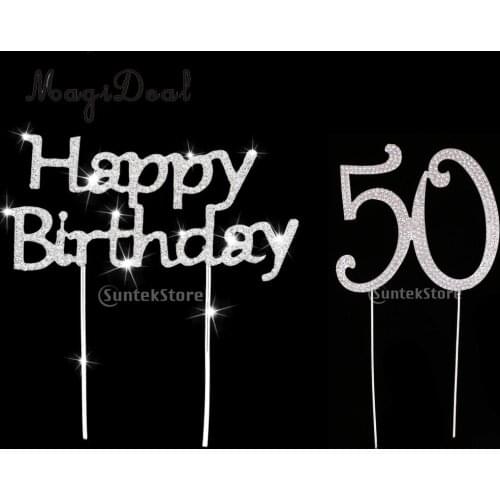 Crystal Silver Happy Birthday & Number Age 50 Cake Topper Anniversary Party Decor