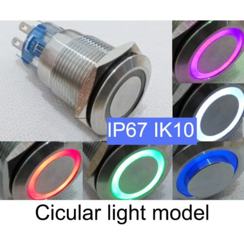 19mm IP67 waterproof Metal button switch, self-locking, self-return 12V 24V 110V 220V optional,circular light model