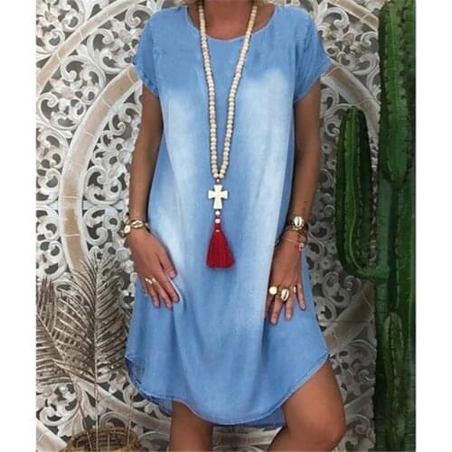 Summer Beach Dress Femme Gradient Color Dress O-Neck Jeans Dress Chic Short Sleeve Pullover Dress Casual Plus Size T-Shirt Dress