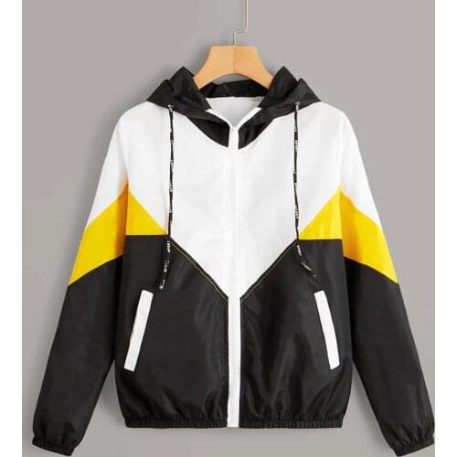 Fashion Hooded Windbreaker Jacket Patchwork Jackets Women Color Block Zipper Jacket 2021 Fall Casual Coats Outerwear Femme #T1G