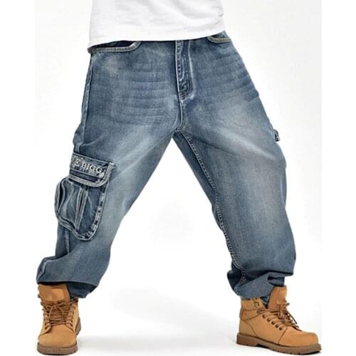 2017 Mens Baggy Jeans Black Loose fit Plus Big Size Jeans For Men Cargo pants Mens Hip hop Jean Skate Board MB17086