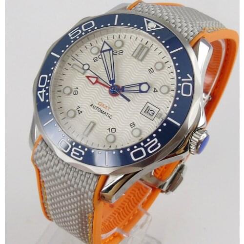 Nologo Black Mechanical Men Watch Sapphire Glass GMT Rubber Strap Ceramic Insert