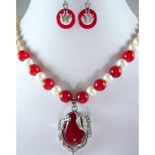 Noblest red jade-white pearl necklace +18KGP pendant earring set 18"AAA