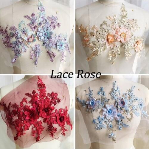 New 3D Flowers Patches For Clothes Beaded Embroidery Lace Fabrics Applique Wedding Dress Decor Floral Costume Patch