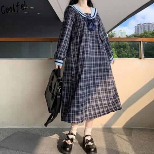 COOLFEL Japanese Preppy Style Lolita Dress Sailor Collar Retro Plaid High Waist Long Dress Kawaii Girl Dresses