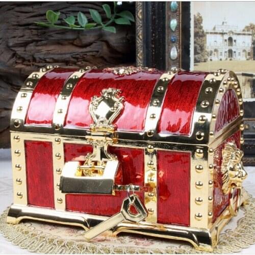 Size L Gold Color with Red Enamel Treasure Box Fashion Metal Jewelry Case Trinket Alloy Box Perfect Gift