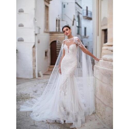 Luxury Mermaid Wedding Dress Lace And Tulle With Train O-neck Sleeveless Shawl Bride Dresses Button With Custom Made Plus Size