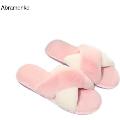Women Flips Flops Winter Warm Fur Cross Open Toe Shoes Woman Slippers Fashion Female Slides Shoes Woman Flat Slippers Size 36-41