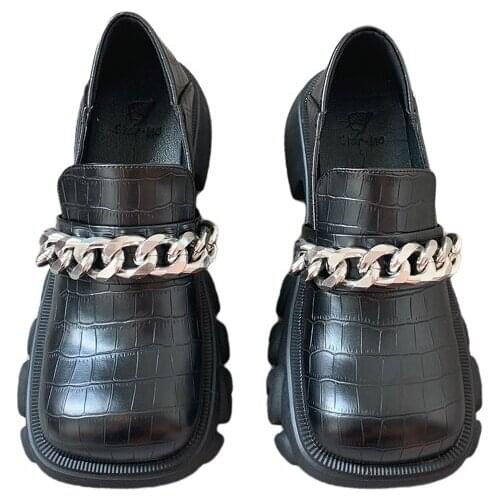 Retro Platform Loafers Harajuku Big Head Doll Shoes Casual Creepers Fashion Shoes Fall Mules Shoes Women Gold Chain High Heels