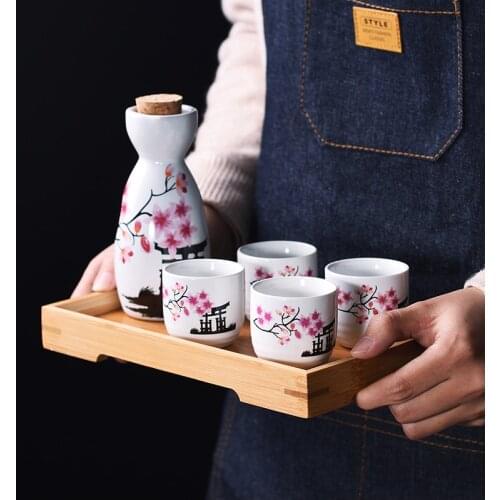 Sakura Pattern Japanese Sake Sets Wine Bottle Cups Sets For Bar Ceramic Drinkware