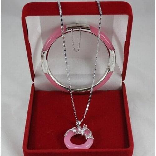 Wonderful pink Jade Circle Dragon Pendants Necklace Bracelet Set