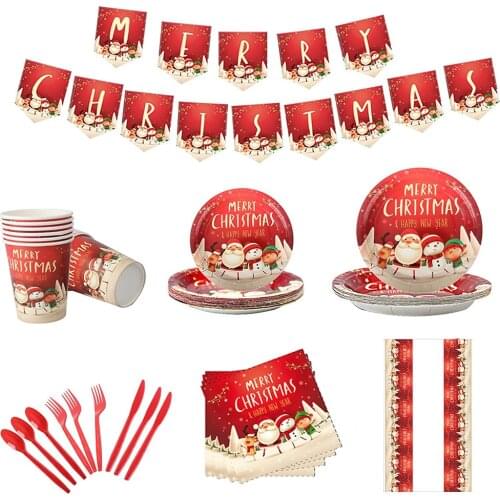 Explosive Christmas New Year Party Supplies Santa Claus Paper Cups Plates Table Bra Flag Decoration Tableware Set Christmas Gift