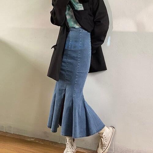 Summer Mermaid Denim Skirts Women Vintage High Waist Long Jeans Skirts Blue Ladies Trumpet Skirts Saia jupe femme
