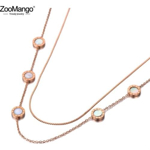 ZooMango Bohemia Titanium Stainless Steel Double-layer Chain Choker Necklace Roman Numerals Pendant Necklace For Women ZN19207