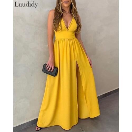 Women Sexy Deep V Neck Plunge Thigh Slit Ruched Sleeveless Maxi Dress