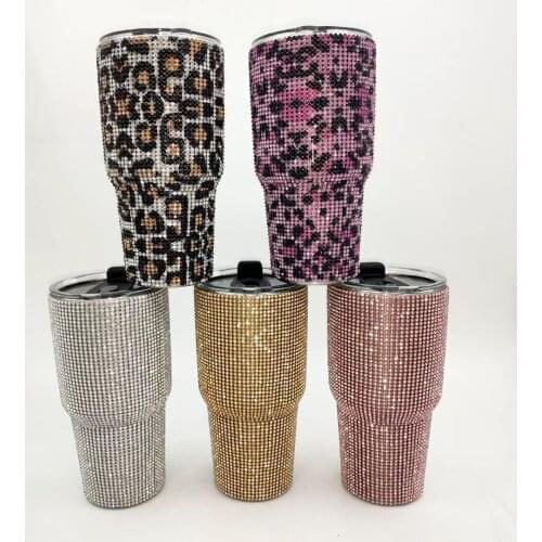 30 Oz Large Capacity Diamond Leopard Print Travel Mug Ice Mug Color Bottom Cup Stainless Steel Double Wall Vacuum Insulated Mug