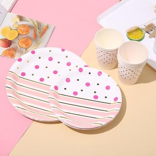 8Pcs Pink Polka Dot Party Plate Dish Cup Paper Disposable Cutlery Tableware Girls Favor