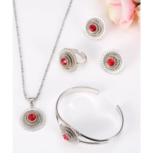 Bangrui Silver Color Ethiopian Wedding set Jewelry Pendant Earring Ring Bangle Women Silver Color Africa Eritrea Items