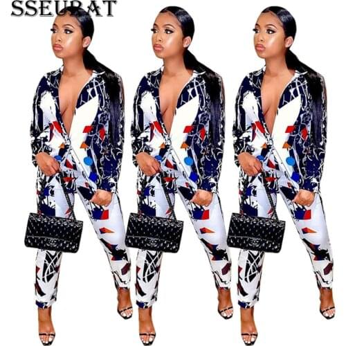 SSEURAT Print Full Sleeve Single Button Full Length Straight Pant 2 Piece Set Women Turn-down Collar Two Piece Outfit Fashion