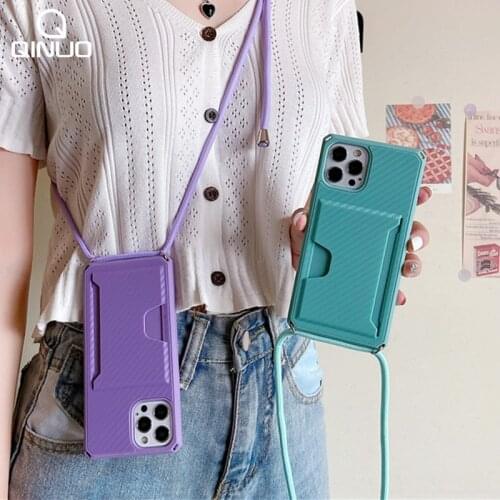 Wallet Card Holder Crossbody Necklace Lanyard soft phone case for iphone 12 11 Pro Max X XR XS Max 7 8 Plus Carbon Fiber Cover