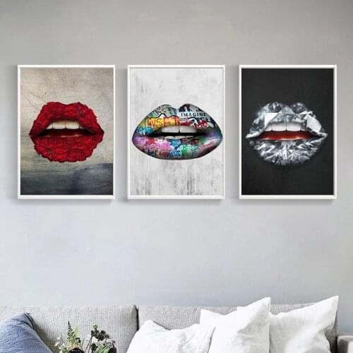 Color Creative Mouths Printing Canvas Painting Sexy Red Lips Flower Poster Home Decoration Wall Art Pictures For Living Room