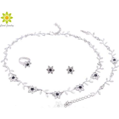African Wedding Jewelry Sets Silver Plated Necklace Earrings Ring Bracelet Crystal Jewelry Charms Flower Shape Jewelry Set