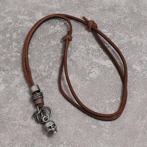 Retro Leather Charms Head Skull Pendant Necklace for Women Men Punk Gothic Jewelry Long Sweater Chain Male Gift Accessories